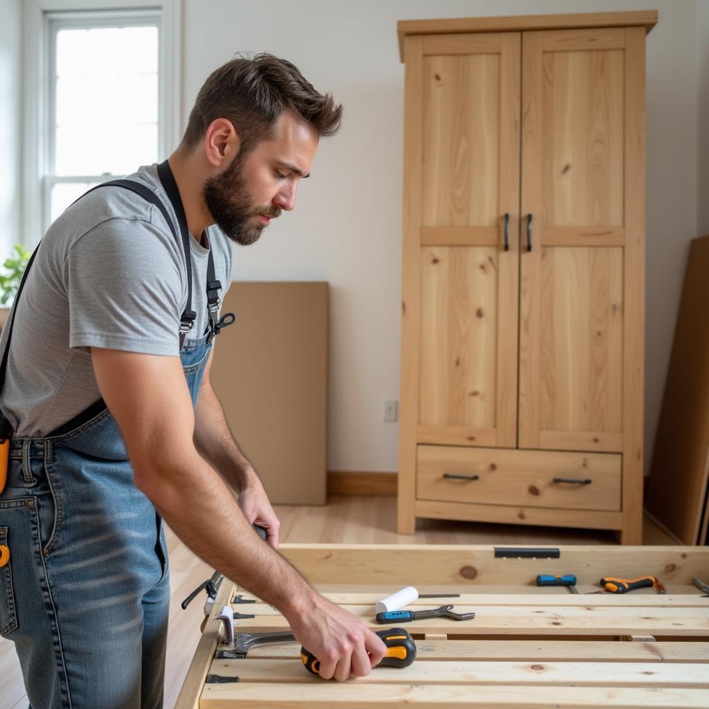 Người đang chuẩn bị dụng cụ và không gian để tháo lắp giường tủ gỗ khi chuyển nhà