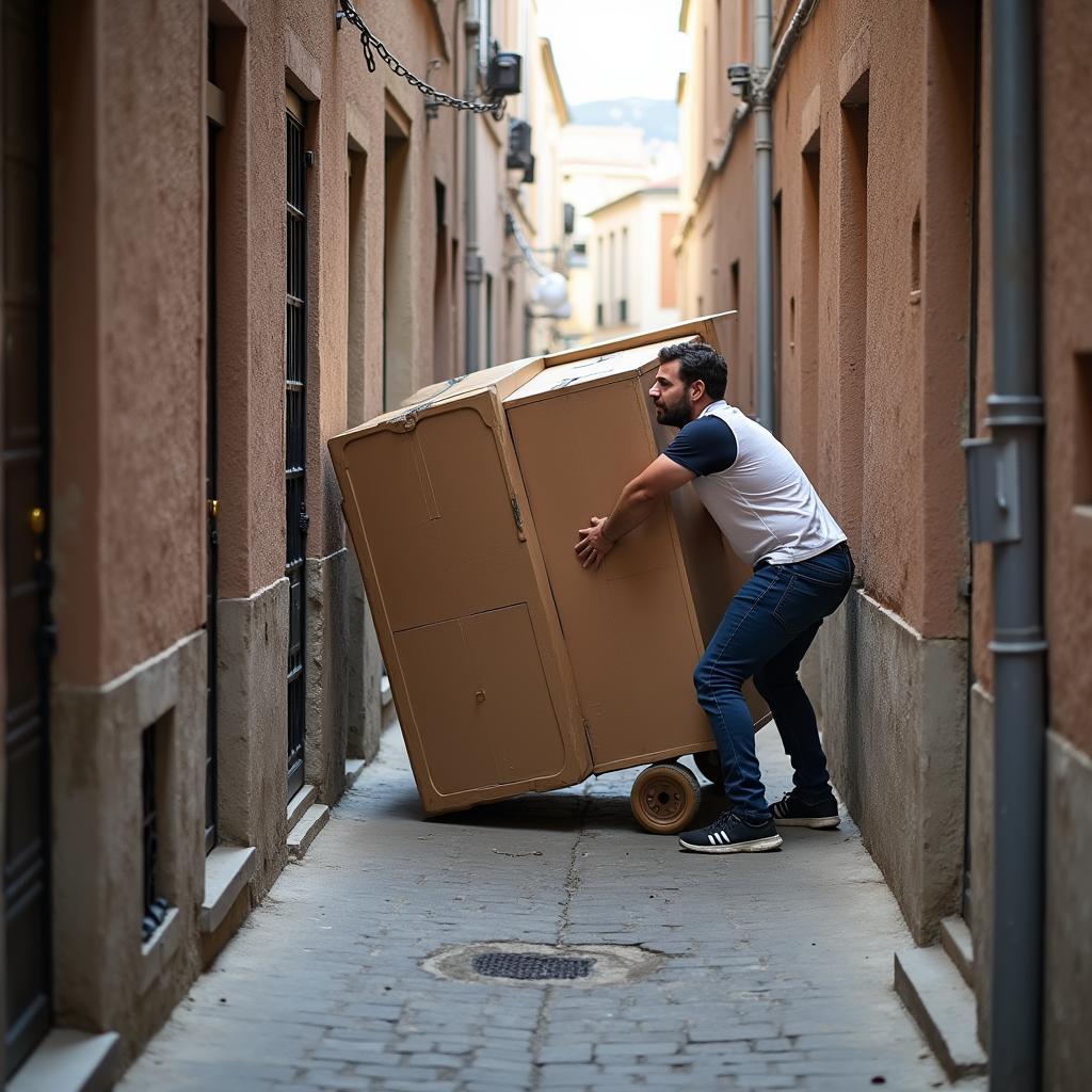 Hình ảnh người đang vất vả chuyển đồ qua hẻm nhỏ, minh họa khó khăn khi chuyển nhà vào hẻm quá nhỏ.