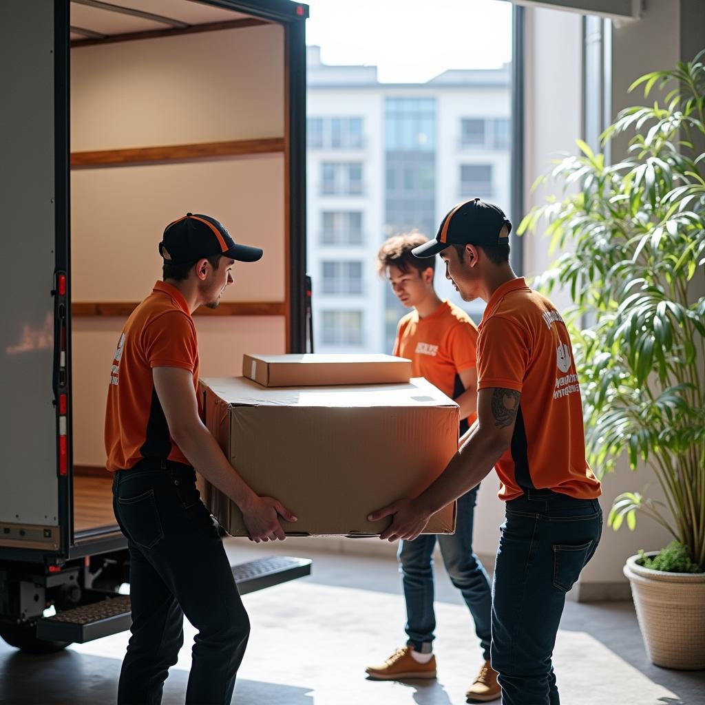Hình ảnh đội ngũ Thành Phương đang chuyển đồ chuyên nghiệp, minh họa dịch vụ chuyển nhà trọn gói.
