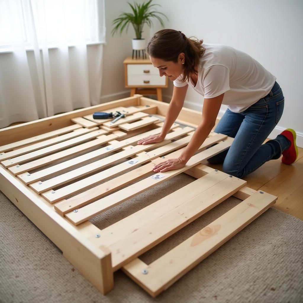 Người đang cẩn thận tháo rời các bộ phận của chiếc giường gỗ khi chuẩn bị chuyển nhà