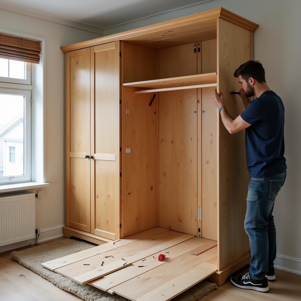 Người đang cẩn thận tháo rời từng bộ phận của chiếc tủ gỗ công nghiệp hoặc gỗ tự nhiên, có ghi chú và dụng cụ chuyên nghiệp